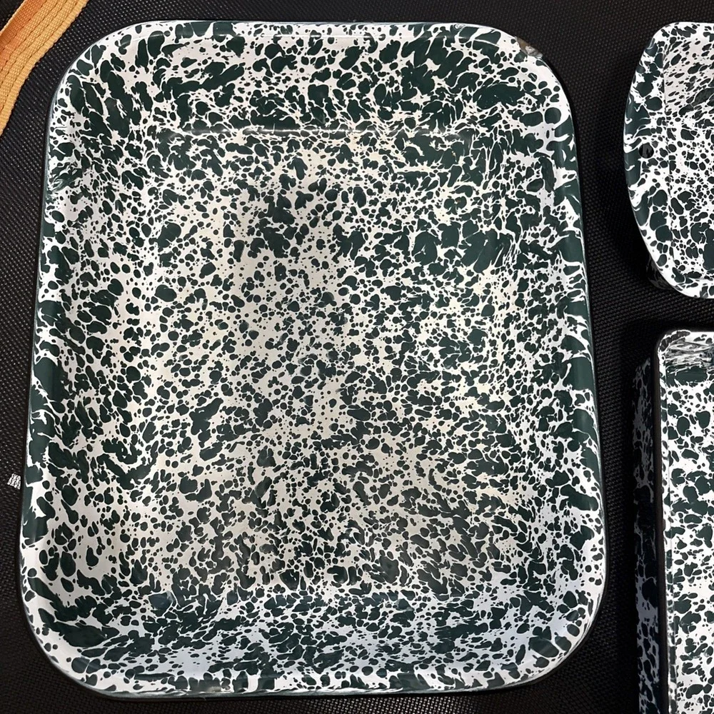 Vintage Green White Splatter Enamelware Serving Trays Set of 3 Spatterware